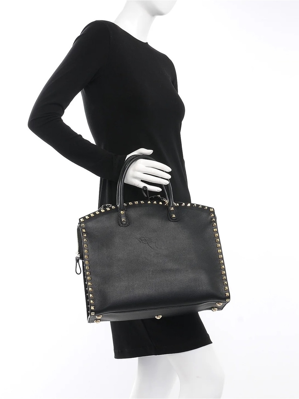 Black Pyramid-Trim Leather Tote Bag